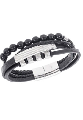 Black leather bracelet with braided textures, silver accents, and black beads