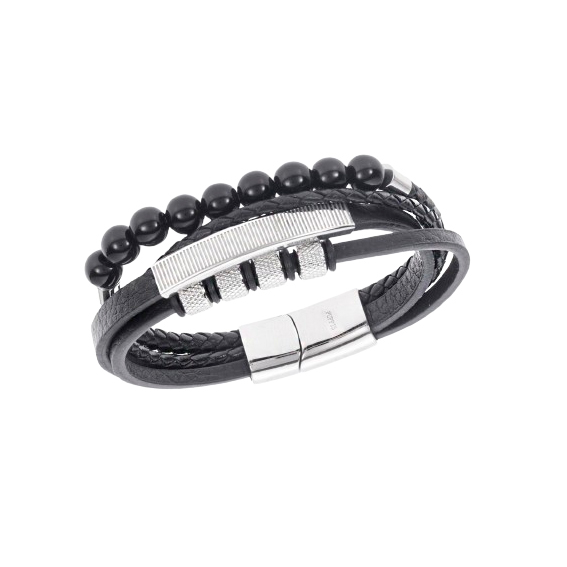 Black leather bracelet with braided textures, silver accents, and black beads