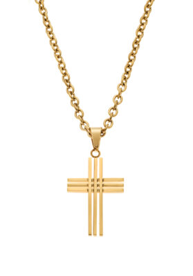 Gold cross pendant necklace with a polished chain and geometric cross design.