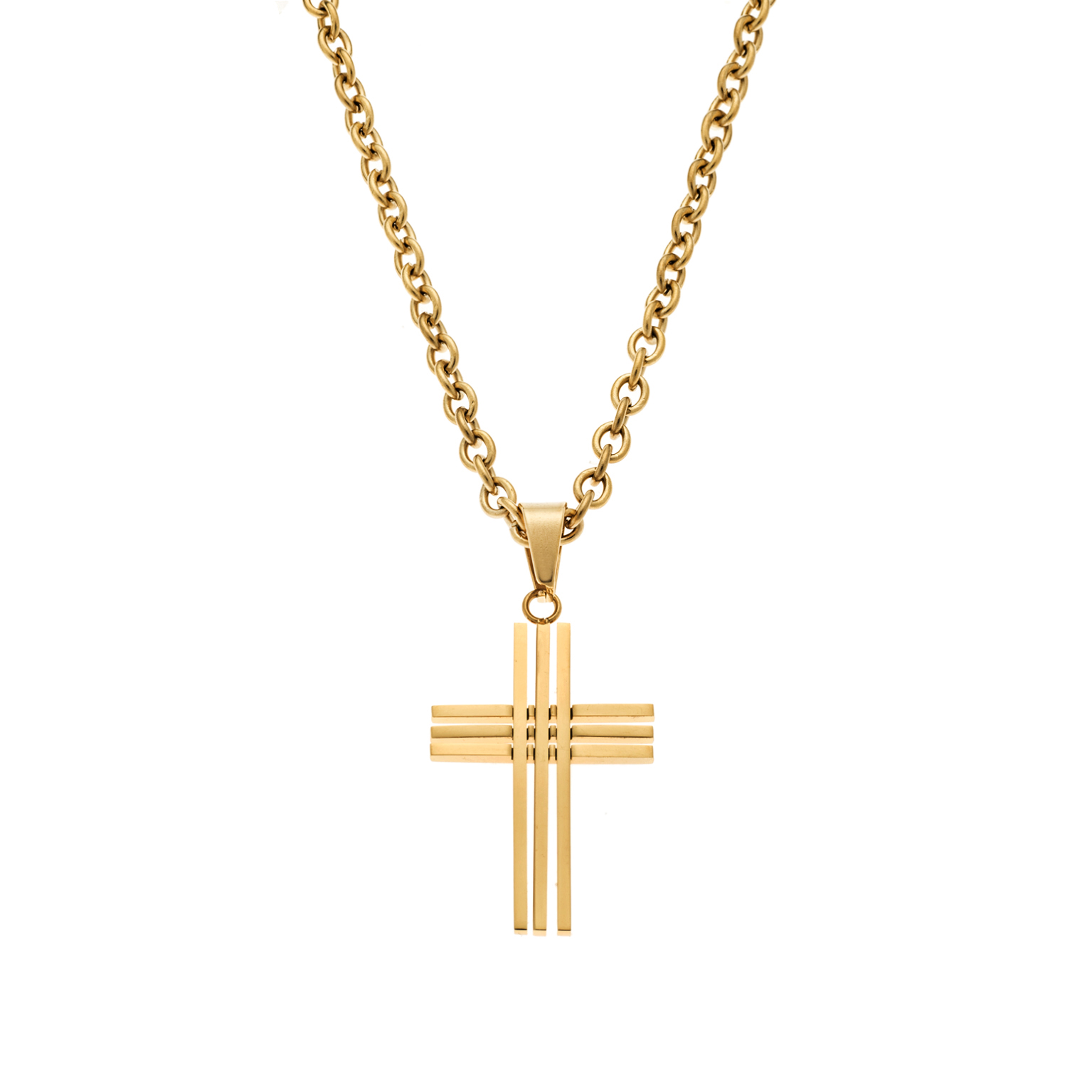 Gold cross pendant necklace with a polished chain and geometric cross design.