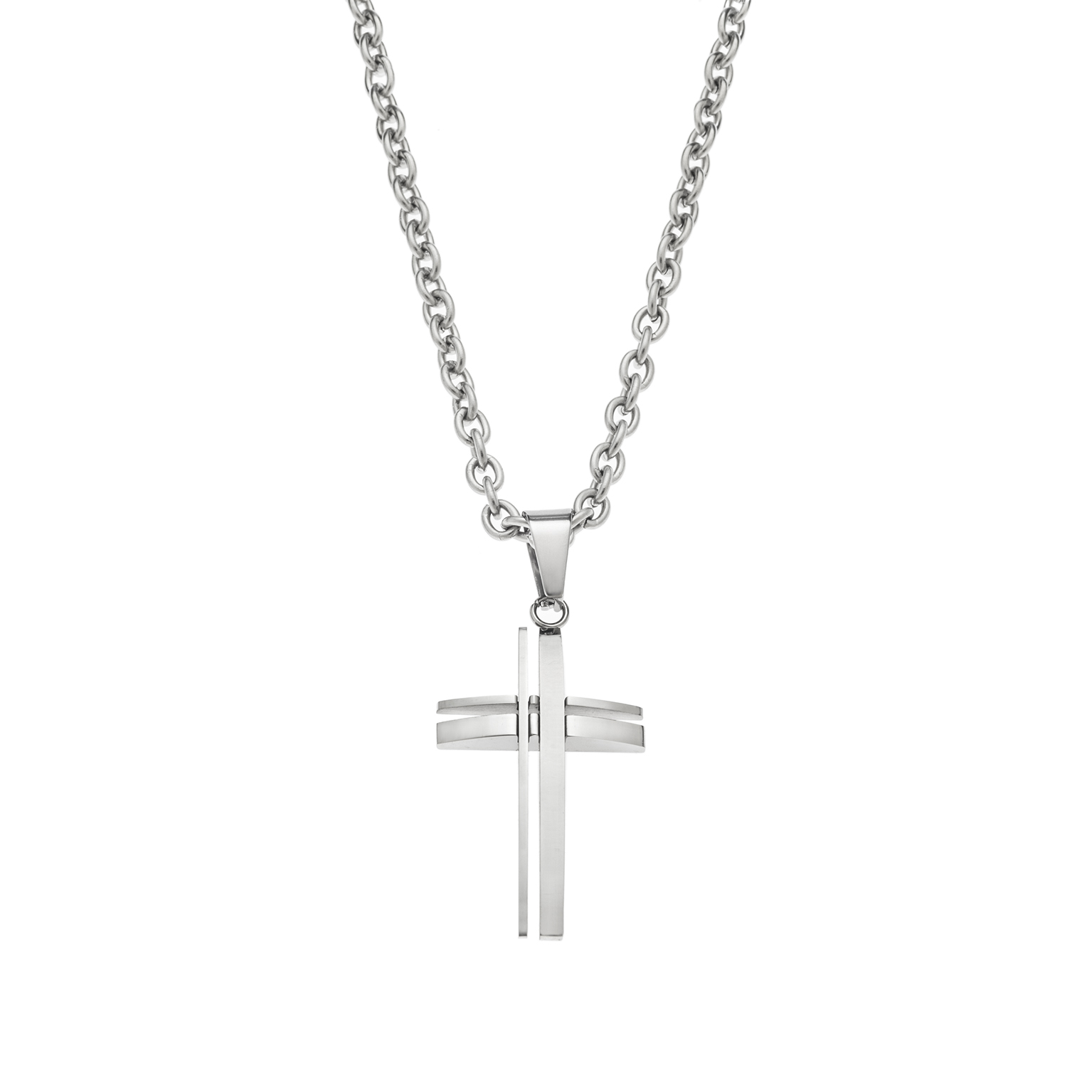 A layered stainless steel cross necklace for men, featuring a bold, dimensional design for a unique and stylish look.