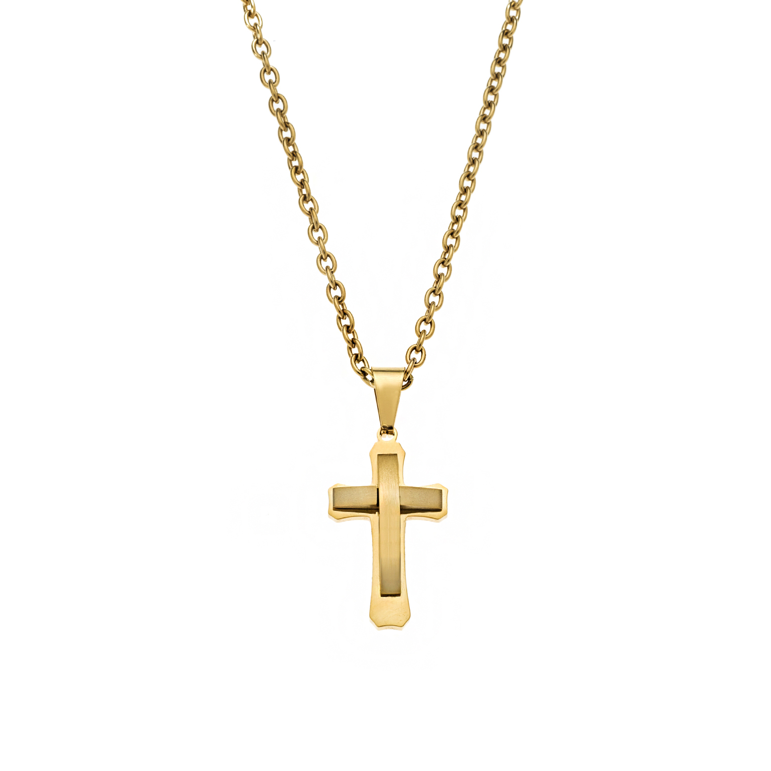 Gold cross necklace with a delicate chain, perfect for everyday wear or special occasions.