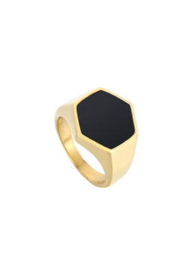 Gold hexagon onyx signet ring with a polished black onyx centerpiece and sleek design