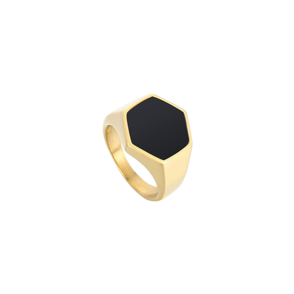 Gold hexagon onyx signet ring with a polished black onyx centerpiece and sleek design