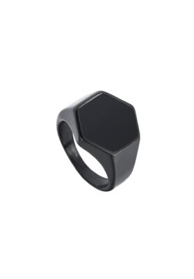 Hexagon black onyx signet ring with a smooth black band and minimalist design