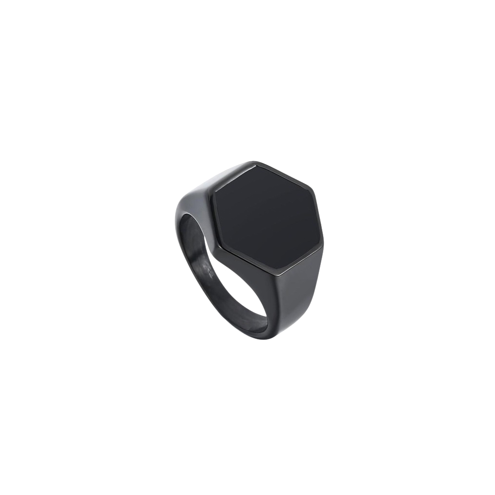 Hexagon black onyx signet ring with a smooth black band and minimalist design