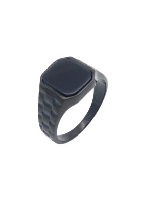 Black onyx signet ring with a matte black band and geometric pattern design."