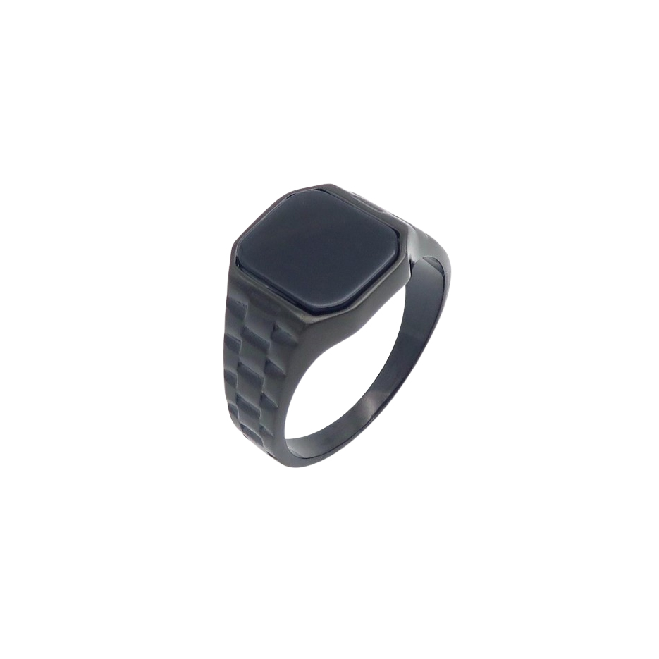 Black onyx signet ring with a matte black band and geometric pattern design."