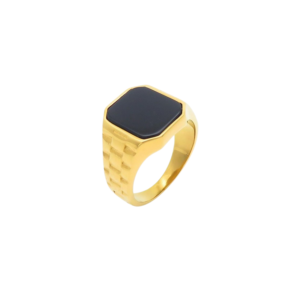 Gold signet ring with black onyx centerpiece and textured geometric band