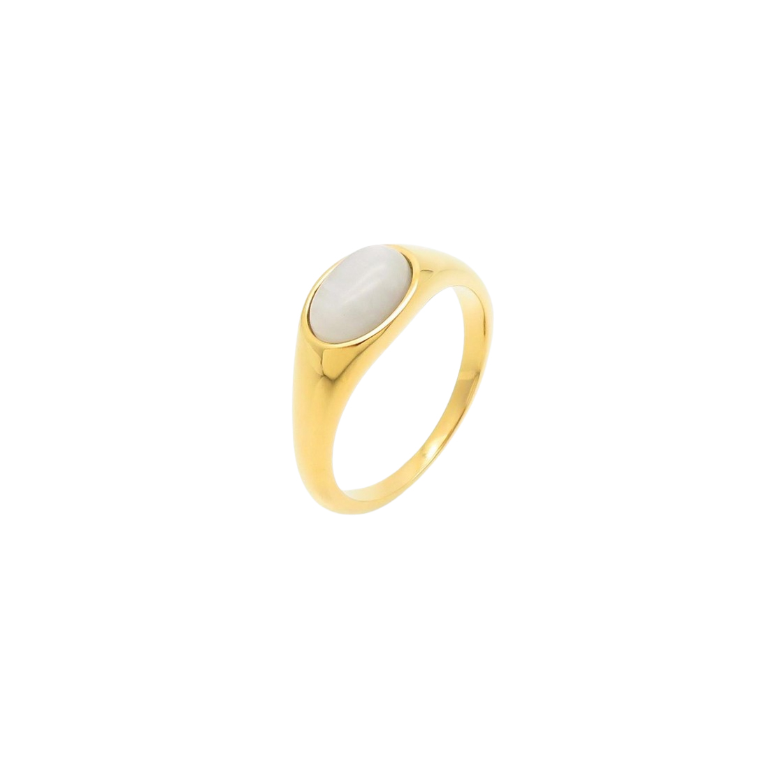 Thin gold ring with a beautiful white oval stone at the center, designed for elegance and refinement.