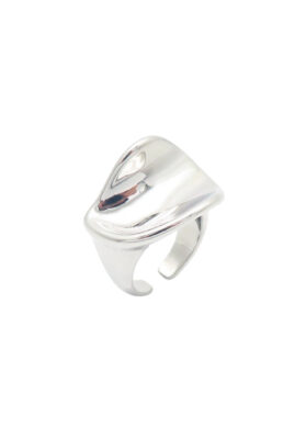 A silver ring with a smooth, sculpted design, showcasing a modern and elegant style.