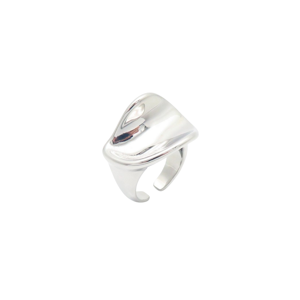 A silver ring with a smooth, sculpted design, showcasing a modern and elegant style.