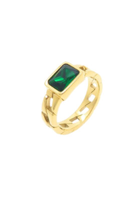 A gold ring with a rectangular green gemstone, featuring a unique cutout design on the band.