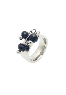 Stainless steel ring with black beaded charms and polished silver finish