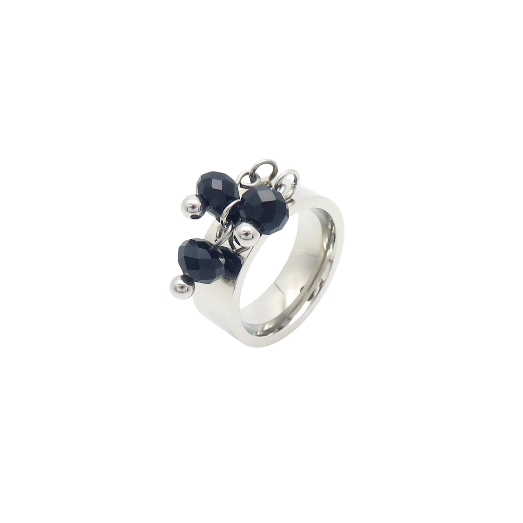 Stainless steel ring with black beaded charms and polished silver finish