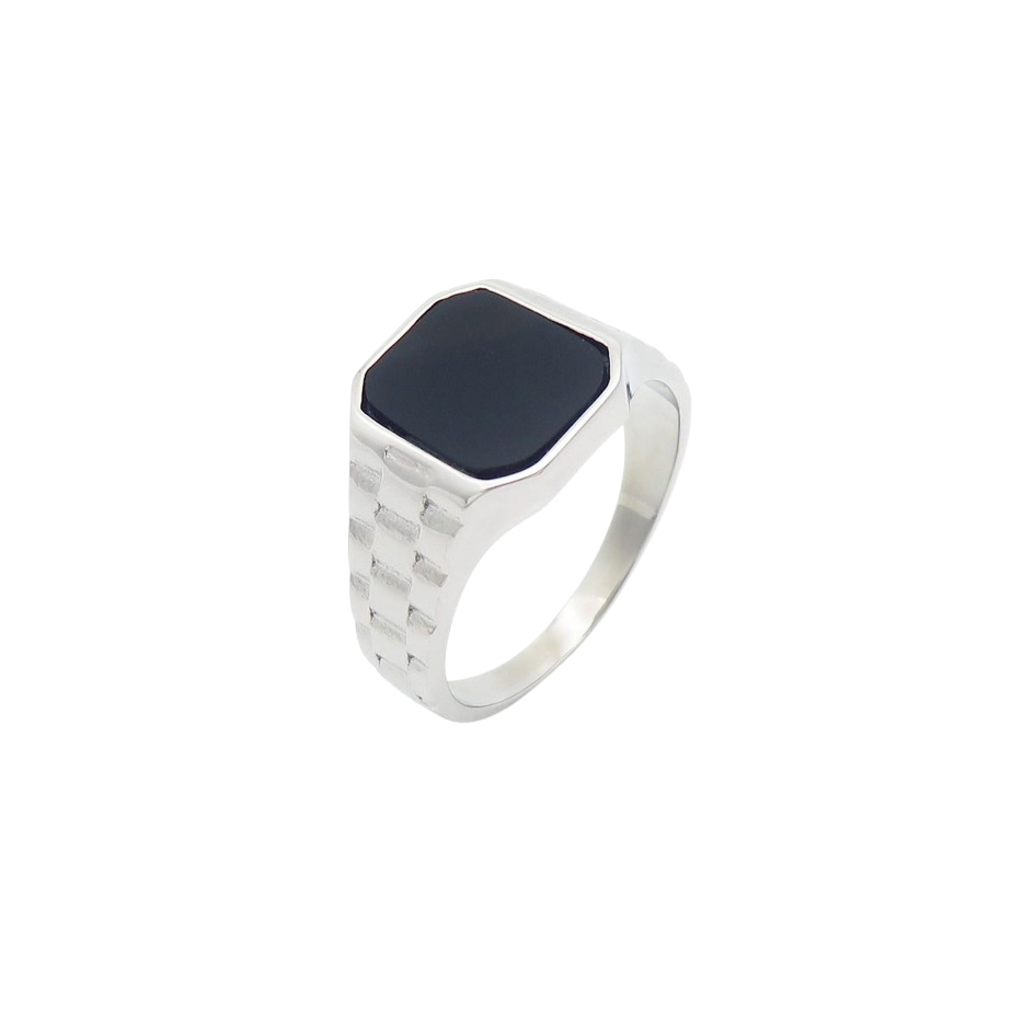 Men's silver signet ring with black onyx centerpiece and geometric band pattern