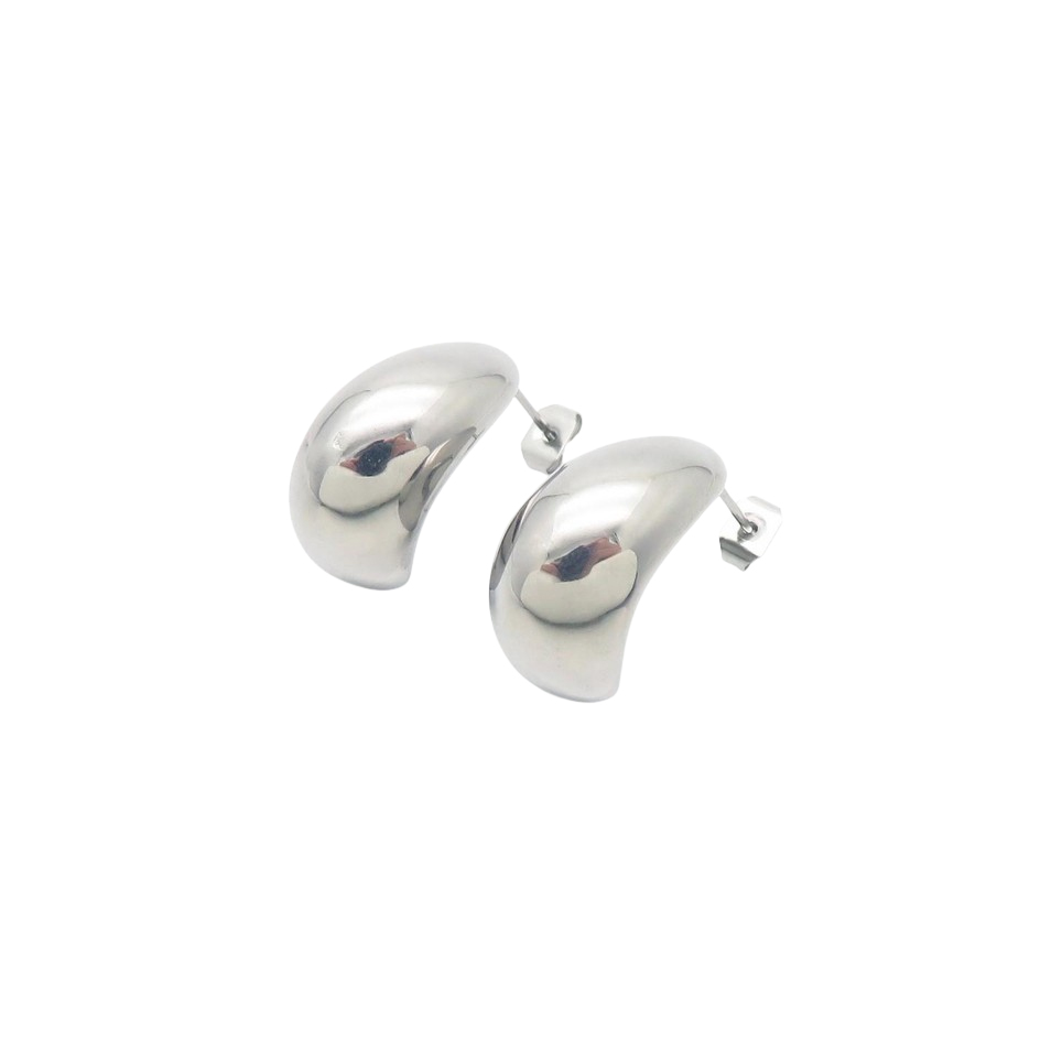 Polished silver hoop earrings with a smooth, reflective finish and stud-post backing