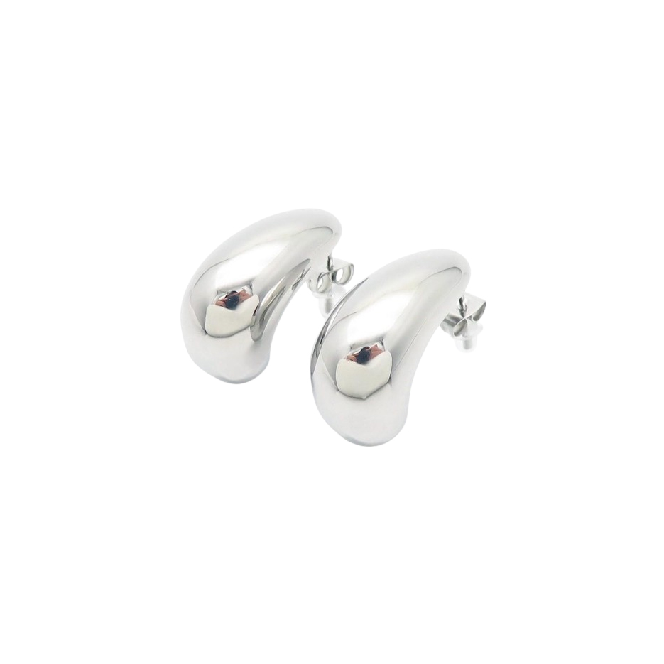 Modern silver abstract stud earrings with a polished finish and curved design."