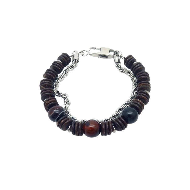 Men's double-strand bracelet with wooden beads and twisted stainless steel chain