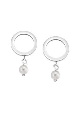 Elegant silver circle earrings with pearl drops and polished finish.