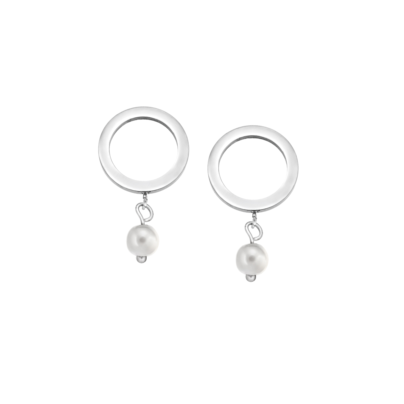 Elegant silver circle earrings with pearl drops and polished finish.