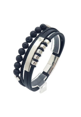 Black leather bracelet for men with multi-layer braided design and stainless steel clasp.