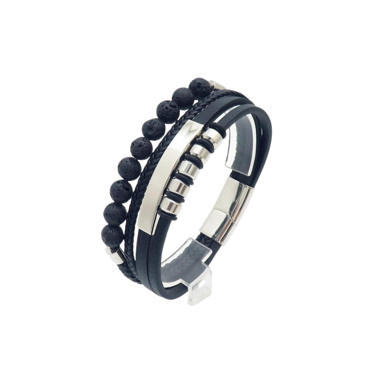 Black leather bracelet for men with multi-layer braided design and stainless steel clasp.