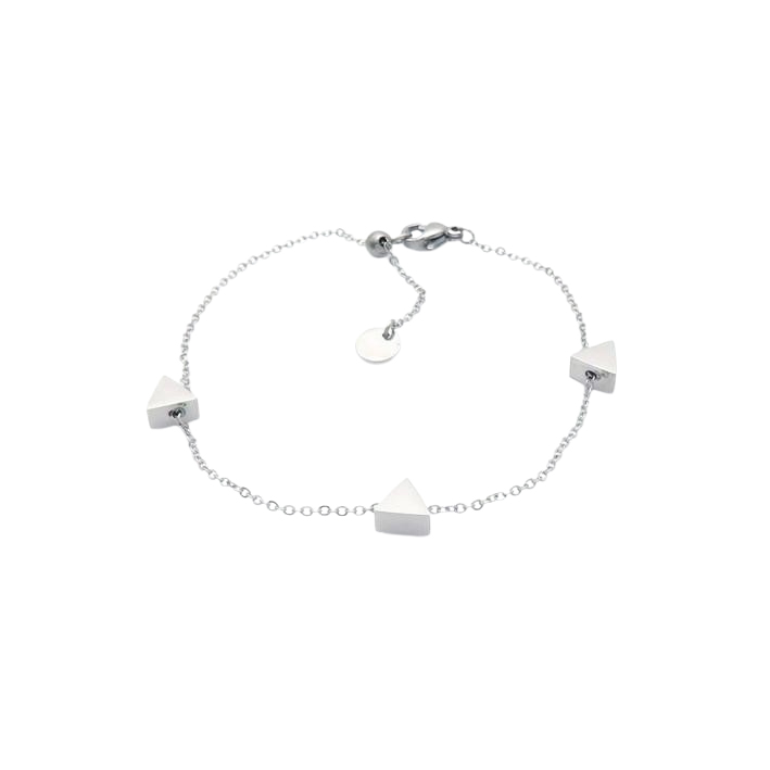 Silver chain bracelet with minimalist triangle charms and adjustable clasp.