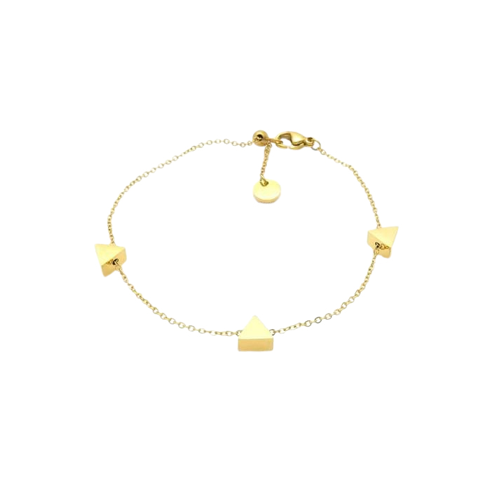 Gold chain bracelet with minimalist triangle charms and adjustable clasp.