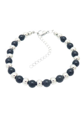 Beaded bracelet with alternating black and silver beads, perfect for a modern and elegant style.