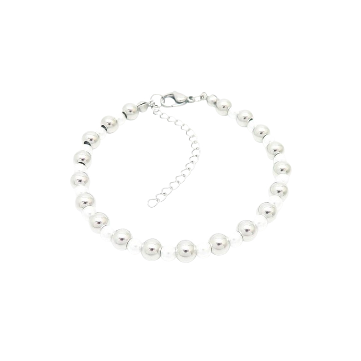 Beaded bracelet with alternating white and silver beads, perfect for a modern and elegant style.