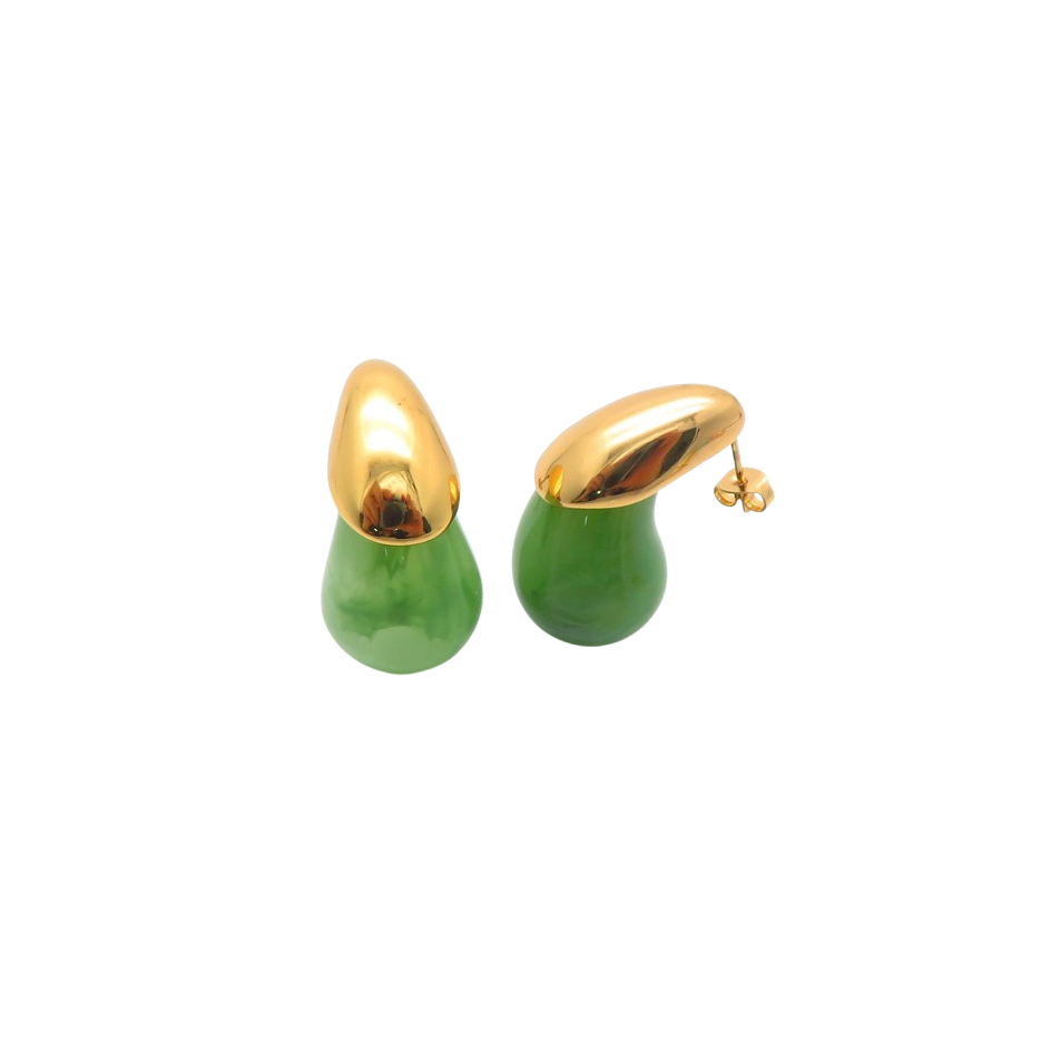 A pair of gold stud earrings featuring a large, vibrant green crystal, set in a classic and elegant design.