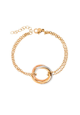 Elegant gold bracelet with interlocking rings, featuring a double-chain design and a mix of gold, rose gold, and silver tones.