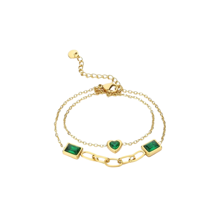 Elegant gold bracelet with layered chains, featuring green gemstones in heart and square settings for a stylish and luxurious look