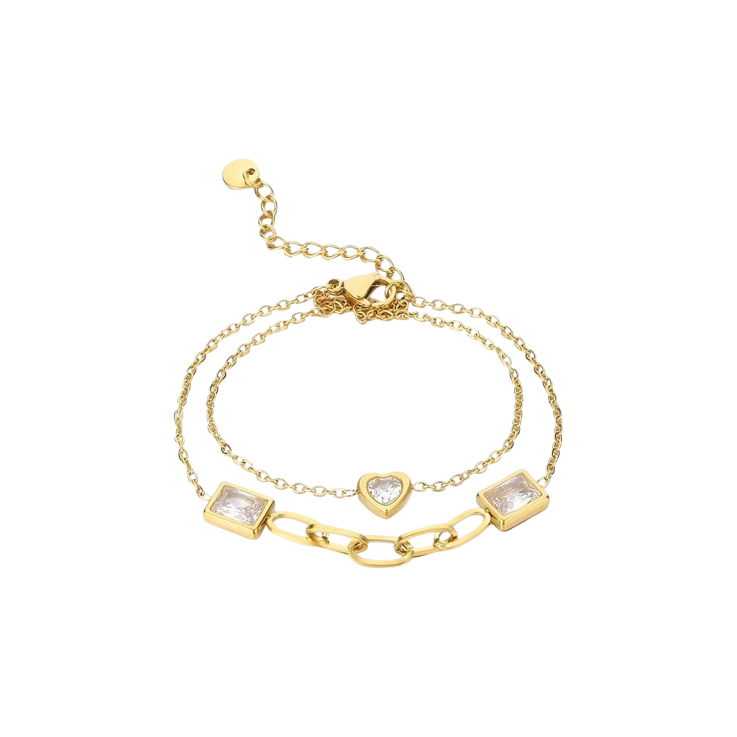 Gold-tone bracelet with heart charms and square crystals.