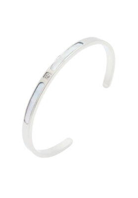 A sleek sterling silver cuff bracelet featuring lustrous mother-of-pearl inlays and a discreet sparkling gemstone accent.