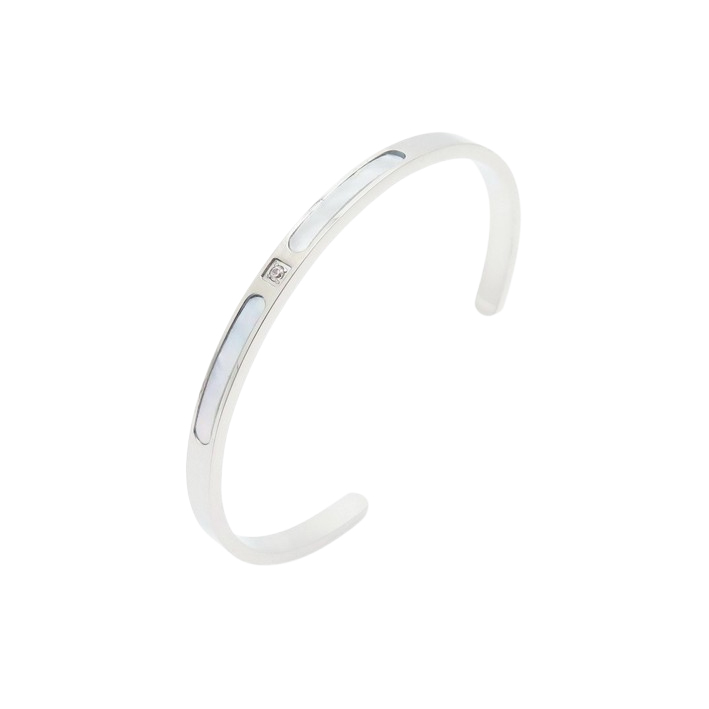 A sleek sterling silver cuff bracelet featuring lustrous mother-of-pearl inlays and a discreet sparkling gemstone accent.
