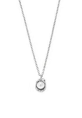 A stunning Silver Pearl Pendant Necklace featuring a delicate silver chain and a luminous pearl encased in an organic-shaped gold setting, perfect for elegant styling.