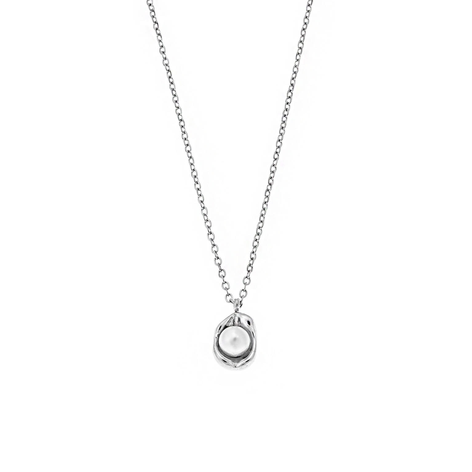 A stunning Silver Pearl Pendant Necklace featuring a delicate silver chain and a luminous pearl encased in an organic-shaped gold setting, perfect for elegant styling.