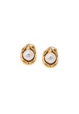 A pair of gold stud earrings with round white pearls encased in a sculptural gold setting, combining classic elegance with modern design.