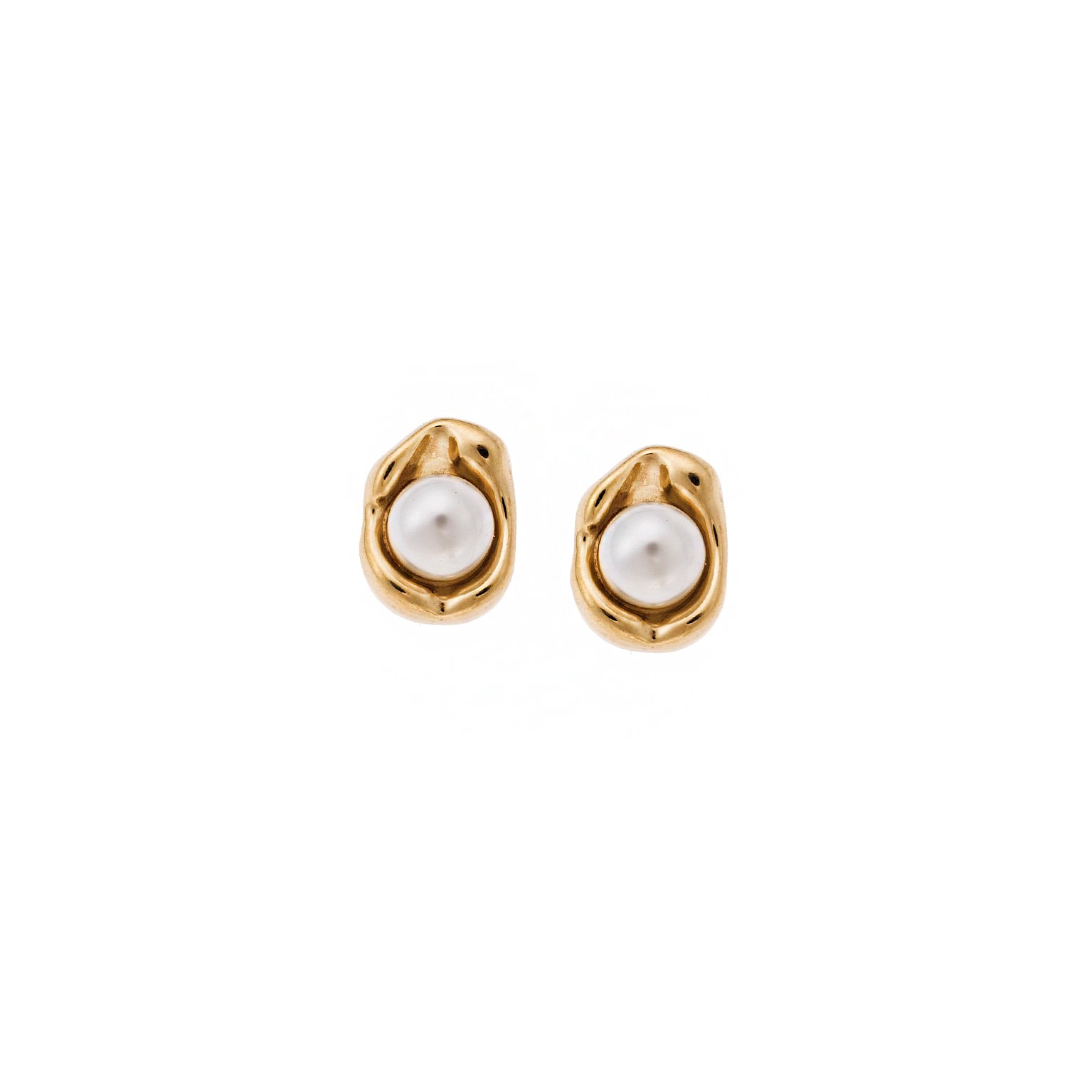 A pair of gold stud earrings with round white pearls encased in a sculptural gold setting, combining classic elegance with modern design.