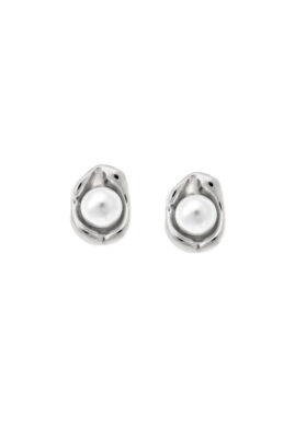 A pair of silver stud earrings with round white pearls encased in a sculptural gold setting, combining classic elegance with modern design.