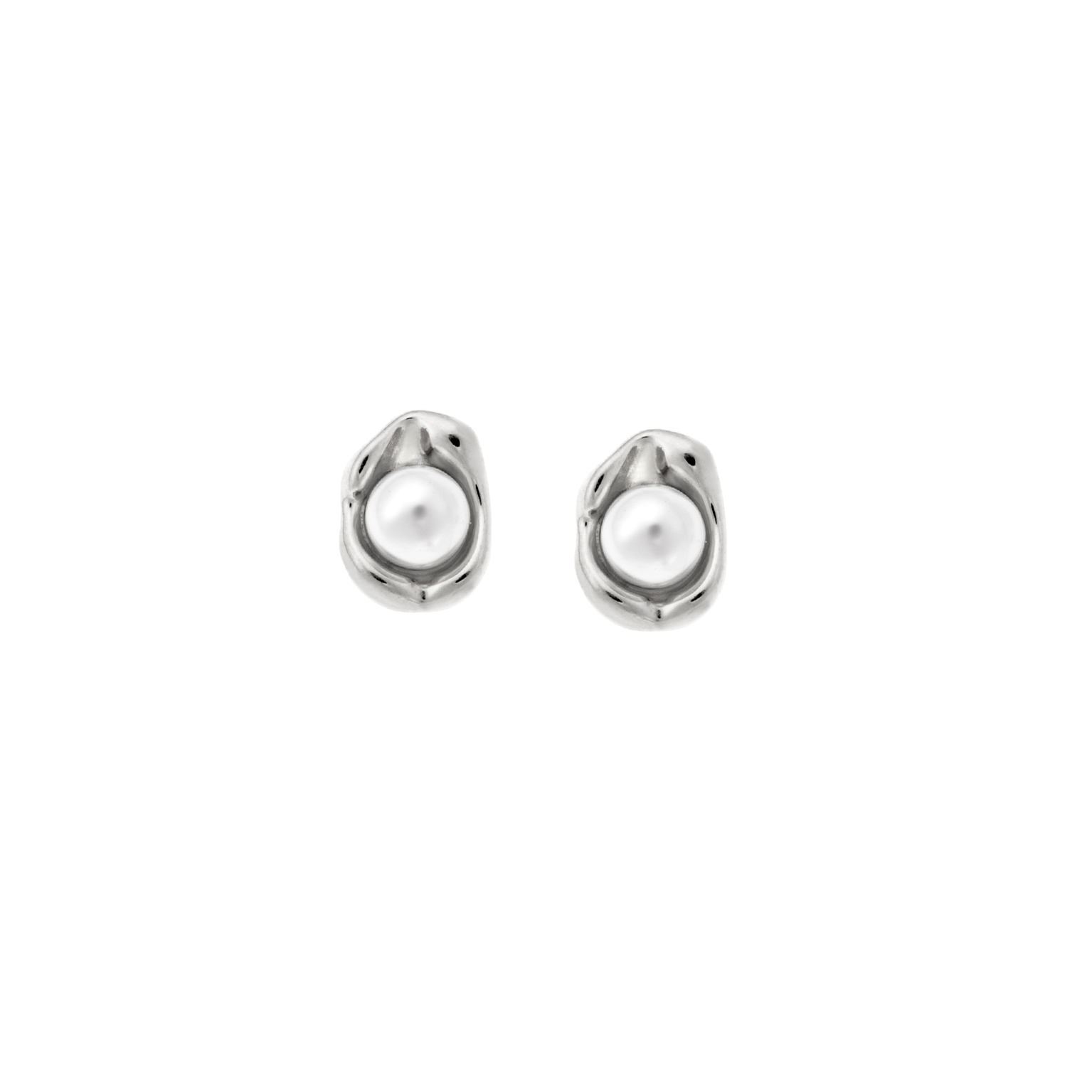 A pair of silver stud earrings with round white pearls encased in a sculptural gold setting, combining classic elegance with modern design.