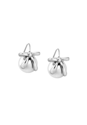 A pair of silver drop earrings featuring round white pearls with an intricate silver bow design, offering a classic and feminine touch.