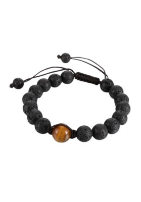 Men’s lava stone bracelet with a tiger eye bead and adjustable macramé cord