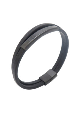 Men’s black leather bracelet with stainless steel accents and a magnetic clasp