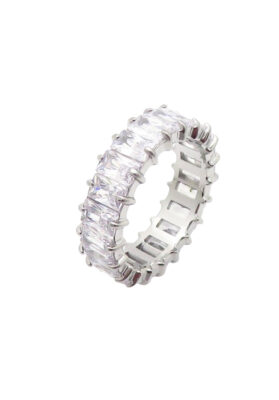 A stunning Silver Crystal Eternity Ring featuring baguette-cut crystals set in stainless steel with a silver-tone finish, offering timeless elegance and durability.