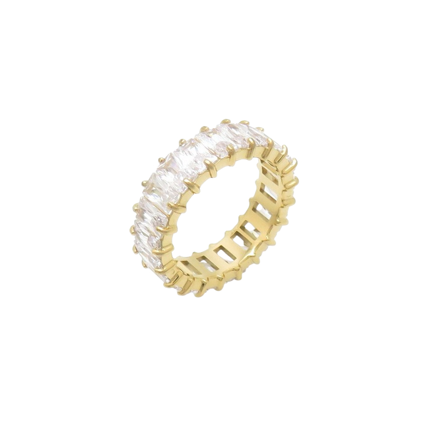 A dazzling Gold Crystal Eternity Ring featuring baguette-cut crystals set in gold-tone stainless steel, radiating elegance and brilliance.