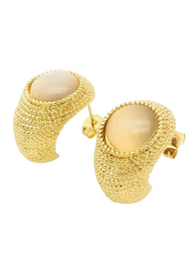 Gold-tone textured stud earrings with a polished stone