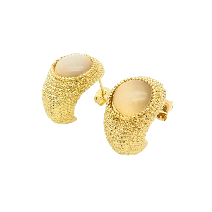 Gold-tone textured stud earrings with a polished stone